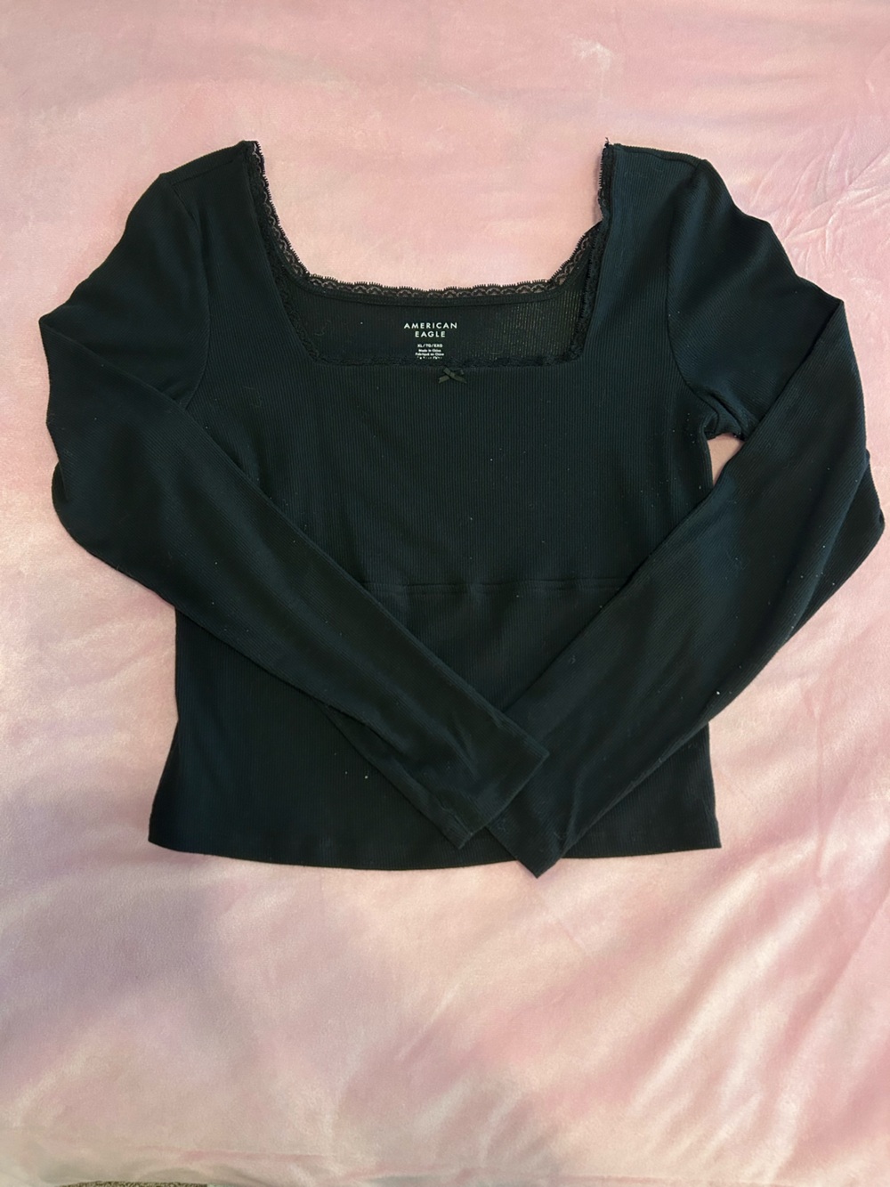 American Eagle Outfitters Black Long-Sleeve Lace-Trim Ribbed Top